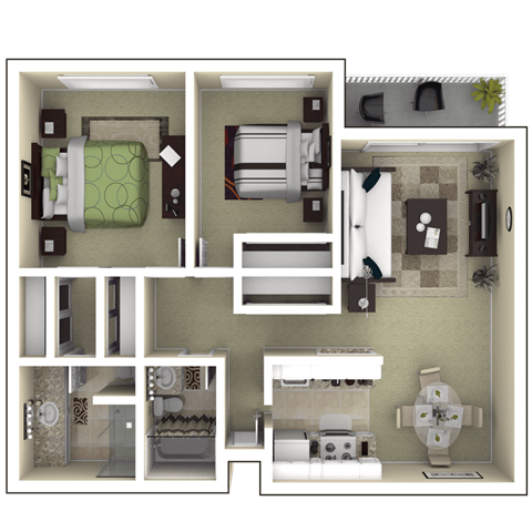 Floor plan for 2 beds, 2 baths, 1035 sqft